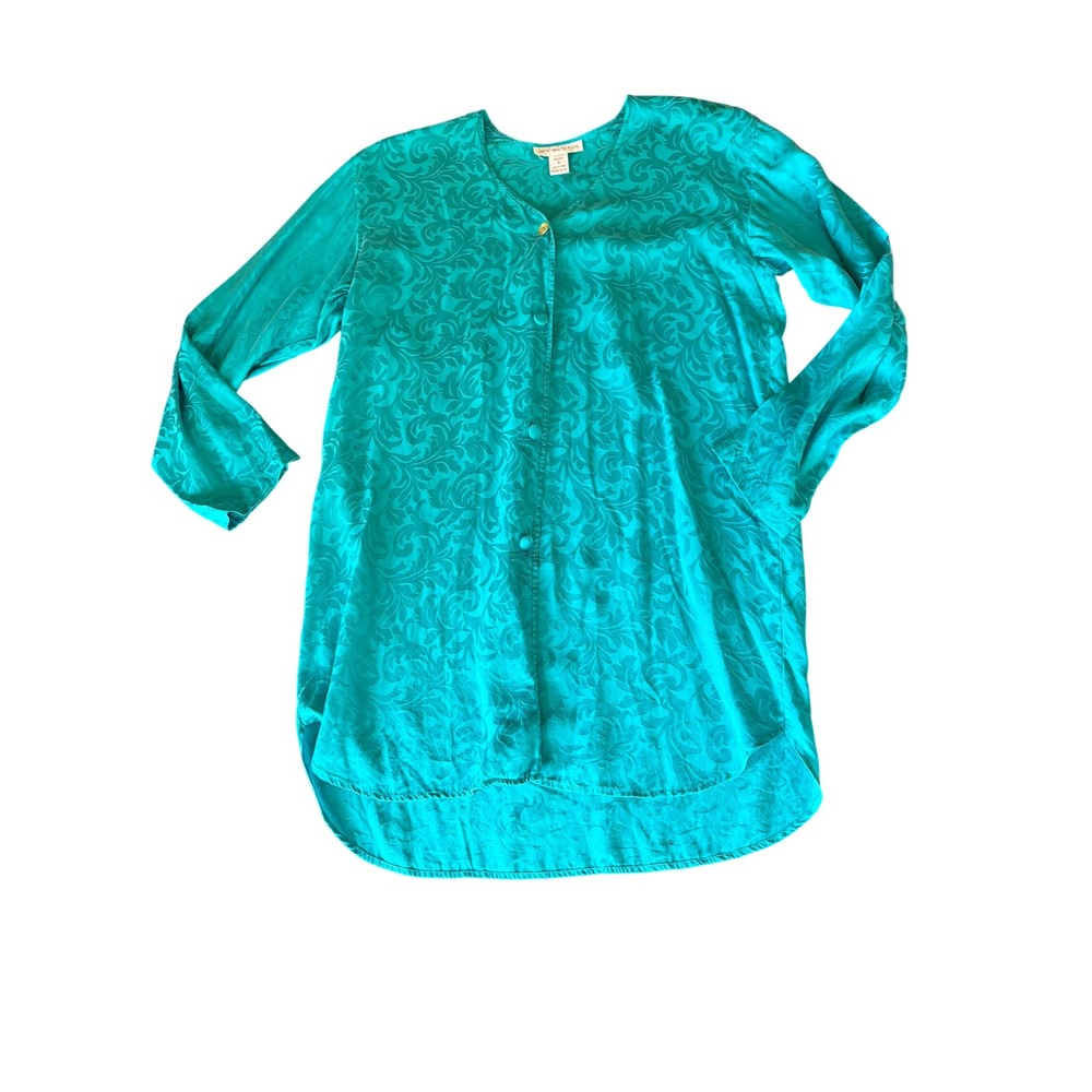 Jack Mulqueen Blouse Teal Silk Damask Jacquard Tunic‎ Button Front High-Low S